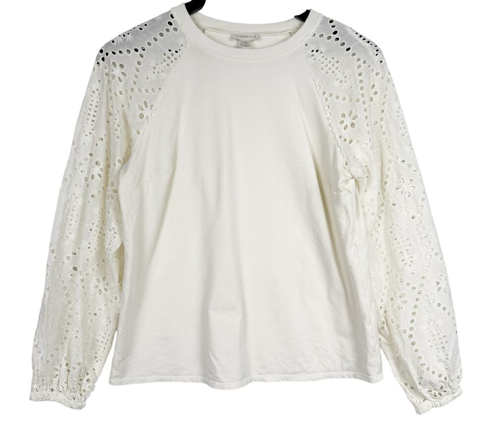 Garnet Hill Embroidered Eyelet Sleeves Raglan Sweatshirt White - XS